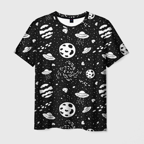 Мужская футболка 3D с принтом Космос, дудл в Петрозаводске, 100% полиэфир | прямой крой, круглый вырез горловины, длина до линии бедер | дудл | звезды | инопланетяне | корабли | космические | космос | летающие | паттерн | планеты | пришельцы | тарелки | черно белый