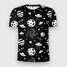 Мужская футболка 3D Slim с принтом Космос, дудл в Курске, 100% полиэстер с улучшенными характеристиками | приталенный силуэт, круглая горловина, широкие плечи, сужается к линии бедра | дудл | звезды | инопланетяне | корабли | космические | космос | летающие | паттерн | планеты | пришельцы | тарелки | черно белый