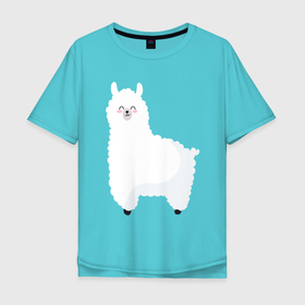 Мужская футболка хлопок Oversize с принтом Милая белая альпака в Екатеринбурге, 100% хлопок | свободный крой, круглый ворот, “спинка” длиннее передней части | альпака | белая | животное | лама | милая | с розовыми щечками | улыбка