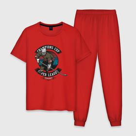 Мужская пижама хлопок с принтом Хоккей супер лига в Тюмени, 100% хлопок | брюки и футболка прямого кроя, без карманов, на брюках мягкая резинка на поясе и по низу штанин
 | лед | супер лига | хоккеист | хоккей | шайба