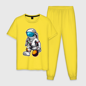 Мужская пижама хлопок с принтом Космонавт играет планетой в Екатеринбурге, 100% хлопок | брюки и футболка прямого кроя, без карманов, на брюках мягкая резинка на поясе и по низу штанин
 | Тематика изображения на принте: астрология | баскетбол | космонавт | космос | нба | планета