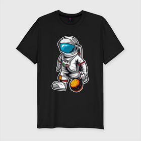Мужская футболка хлопок Slim с принтом Космонавт играет планетой в Екатеринбурге, 92% хлопок, 8% лайкра | приталенный силуэт, круглый вырез ворота, длина до линии бедра, короткий рукав | Тематика изображения на принте: астрология | баскетбол | космонавт | космос | нба | планета