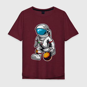Мужская футболка хлопок Oversize с принтом Космонавт играет планетой в Екатеринбурге, 100% хлопок | свободный крой, круглый ворот, “спинка” длиннее передней части | Тематика изображения на принте: астрология | баскетбол | космонавт | космос | нба | планета