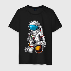 Мужская футболка хлопок с принтом Космонавт играет планетой в Екатеринбурге, 100% хлопок | прямой крой, круглый вырез горловины, длина до линии бедер, слегка спущенное плечо. | Тематика изображения на принте: астрология | баскетбол | космонавт | космос | нба | планета