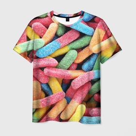 Мужская футболка 3D с принтом Мармеладные червячки в Петрозаводске, 100% полиэфир | прямой крой, круглый вырез горловины, длина до линии бедер | Тематика изображения на принте: sweet | десерт | макаронс | мармелад | мармеладки | мармеладные червячки | пирожные | разноцветные | сахар | сладкий пирожок | сладкий пирожочек | сладкоежка | сладкоешка | сладости | червяки