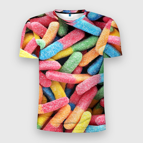 Мужская футболка 3D Slim с принтом Мармеладные червячки в Новосибирске, 100% полиэстер с улучшенными характеристиками | приталенный силуэт, круглая горловина, широкие плечи, сужается к линии бедра | sweet | десерт | макаронс | мармелад | мармеладки | мармеладные червячки | пирожные | разноцветные | сахар | сладкий пирожок | сладкий пирожочек | сладкоежка | сладкоешка | сладости | червяки