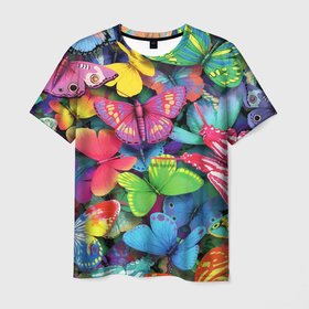 Мужская футболка 3D с принтом Стая бабочек   Pattern в Белгороде, 100% полиэфир | прямой крой, круглый вырез горловины, длина до линии бедер | butterfly | color | pattern | wings | бабочка | крылья | узор | цвет