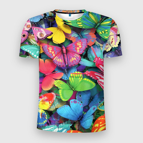 Мужская футболка 3D Slim с принтом Стая бабочек   Pattern в Белгороде, 100% полиэстер с улучшенными характеристиками | приталенный силуэт, круглая горловина, широкие плечи, сужается к линии бедра | butterfly | color | pattern | wings | бабочка | крылья | узор | цвет