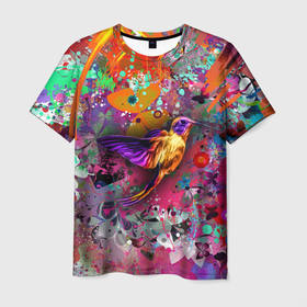 Мужская футболка 3D с принтом Колибри   Floral Pattern в Курске, 100% полиэфир | прямой крой, круглый вырез горловины, длина до линии бедер | Тематика изображения на принте: butterfly | color | fashion | hummingbirds | pattern | бабочка | колибри | мода | узор | цвет