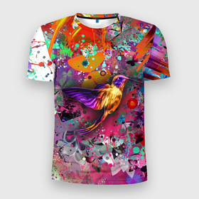 Мужская футболка 3D Slim с принтом Колибри   Floral Pattern в Петрозаводске, 100% полиэстер с улучшенными характеристиками | приталенный силуэт, круглая горловина, широкие плечи, сужается к линии бедра | butterfly | color | fashion | hummingbirds | pattern | бабочка | колибри | мода | узор | цвет