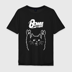 Мужская футболка хлопок Oversize с принтом Bowie Рок кот в Санкт-Петербурге, 100% хлопок | свободный крой, круглый ворот, “спинка” длиннее передней части | bowie | david bowie | музыка | рок | рок группа | рок кот | роккот