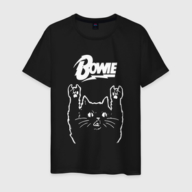 Мужская футболка хлопок с принтом Bowie Рок кот в Новосибирске, 100% хлопок | прямой крой, круглый вырез горловины, длина до линии бедер, слегка спущенное плечо. | bowie | david bowie | музыка | рок | рок группа | рок кот | роккот
