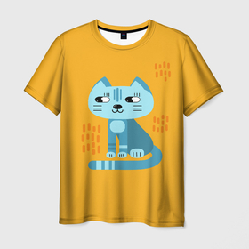 Мужская футболка 3D с принтом Очаровательный котик в плоском стиле в ярких цветах в Екатеринбурге, 100% полиэфир | прямой крой, круглый вырез горловины, длина до линии бедер | дудл стиль | желтый | кот | котенок | котик | кошечка | кошка | мультяшный стиль | оранжевый | плоский стиль | синий