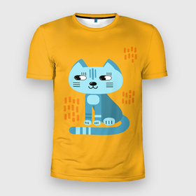 Мужская футболка 3D Slim с принтом Очаровательный котик в плоском стиле в ярких цветах в Санкт-Петербурге, 100% полиэстер с улучшенными характеристиками | приталенный силуэт, круглая горловина, широкие плечи, сужается к линии бедра | дудл стиль | желтый | кот | котенок | котик | кошечка | кошка | мультяшный стиль | оранжевый | плоский стиль | синий
