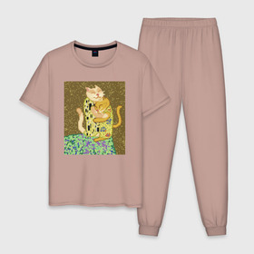 Мужская пижама хлопок с принтом Поцелуй котов в Тюмени, 100% хлопок | брюки и футболка прямого кроя, без карманов, на брюках мягкая резинка на поясе и по низу штанин
 | влюблённые | вязанный | густав климт | искусство | кот | коте | котейка | котэ | кошка | модерн | пародия | символизм | холст | художник
