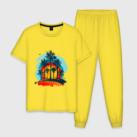 Мужская пижама хлопок с принтом Рассвет и пальмы в Кировске, 100% хлопок | брюки и футболка прямого кроя, без карманов, на брюках мягкая резинка на поясе и по низу штанин
 | деревья | лето | острова | отдых | пальмы | пляж | рассвет