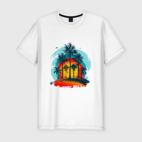 Мужская футболка хлопок Slim с принтом Рассвет и пальмы , 92% хлопок, 8% лайкра | приталенный силуэт, круглый вырез ворота, длина до линии бедра, короткий рукав | деревья | лето | острова | отдых | пальмы | пляж | рассвет