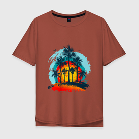 Мужская футболка хлопок Oversize с принтом Рассвет и пальмы в Екатеринбурге, 100% хлопок | свободный крой, круглый ворот, “спинка” длиннее передней части | Тематика изображения на принте: деревья | лето | острова | отдых | пальмы | пляж | рассвет