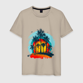 Мужская футболка хлопок с принтом Рассвет и пальмы в Санкт-Петербурге, 100% хлопок | прямой крой, круглый вырез горловины, длина до линии бедер, слегка спущенное плечо. | деревья | лето | острова | отдых | пальмы | пляж | рассвет