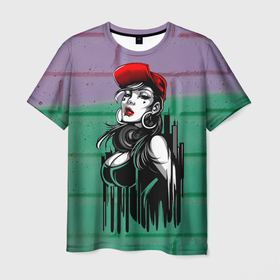 Мужская футболка 3D с принтом Девушка в красной кепке в Кировске, 100% полиэфир | прямой крой, круглый вырез горловины, длина до линии бедер | губы | девушка | кепка | кирпич | стена