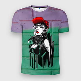 Мужская футболка 3D Slim с принтом Девушка в красной кепке в Тюмени, 100% полиэстер с улучшенными характеристиками | приталенный силуэт, круглая горловина, широкие плечи, сужается к линии бедра | Тематика изображения на принте: губы | девушка | кепка | кирпич | стена
