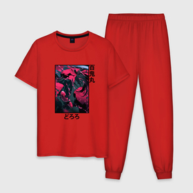 Мужская пижама хлопок с принтом Хяккимару в бою в Тюмени, 100% хлопок | брюки и футболка прямого кроя, без карманов, на брюках мягкая резинка на поясе и по низу штанин
 | anime | dororo | hyakkimaru | аниме | анимэ | дороро | хяккимару