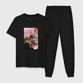 Мужская пижама хлопок с принтом Дороро и Хяккимару в бою в Тюмени, 100% хлопок | брюки и футболка прямого кроя, без карманов, на брюках мягкая резинка на поясе и по низу штанин
 | Тематика изображения на принте: anime | dororo | hyakkimaru | аниме | анимэ | дороро | хяккимару