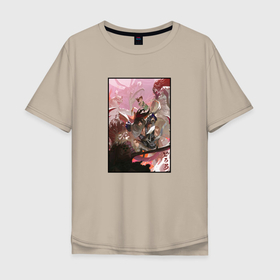 Мужская футболка хлопок Oversize с принтом Дороро и Хяккимару в бою в Тюмени, 100% хлопок | свободный крой, круглый ворот, “спинка” длиннее передней части | Тематика изображения на принте: anime | dororo | hyakkimaru | аниме | анимэ | дороро | хяккимару