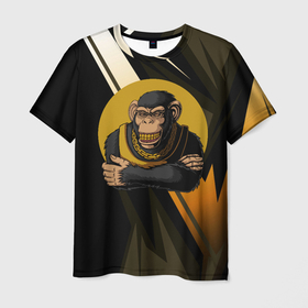 Мужская футболка 3D с принтом Обезьяна с золотой  цепью в Екатеринбурге, 100% полиэфир | прямой крой, круглый вырез горловины, длина до линии бедер | monkey | золотая цепь | золото | обезьяна | обезьянка | цепочка