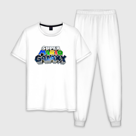 Мужская пижама хлопок с принтом Super Mario Galaxy logo в Новосибирске, 100% хлопок | брюки и футболка прямого кроя, без карманов, на брюках мягкая резинка на поясе и по низу штанин
 | galaxy | logotype | super mario | video game | видеоигра | галактика | логотип | супер марио