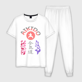 Мужская пижама хлопок с принтом Айкидо Восточные единоборства Aikido sport , 100% хлопок | брюки и футболка прямого кроя, без карманов, на брюках мягкая резинка на поясе и по низу штанин
 | aikido | sport | text | айкидо | восточные единоборства | единоборства | спорт | япония