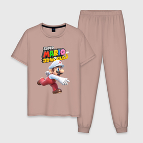 Мужская пижама хлопок с принтом Super Mario  3D World   Video game   Nintendo в Новосибирске, 100% хлопок | брюки и футболка прямого кроя, без карманов, на брюках мягкая резинка на поясе и по низу штанин
 | dude | nintendo | run | super mario | video game | бег | видеоигра | супер марио | чувак