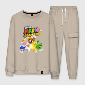 Мужской костюм хлопок с принтом Super Mario 3D World   Nintendo   Team of heroes в Белгороде, 100% хлопок | на свитшоте круглая горловина, мягкая резинка по низу. Брюки заужены к низу, на них два вида карманов: два “обычных” по бокам и два объемных, с клапанами, расположенные ниже линии бедра. Брюки с мягкой трикотажной резинкой на поясе и по низу штанин. В поясе для дополнительного комфорта — широкие завязки | cat | ears | luigi | nintendo | paws | princess peach | super mario | tail | team | video game | видеоигра | кот | котёнок | кошка | лапы | луиджи | нинтендо | супер марио | уши | хвост