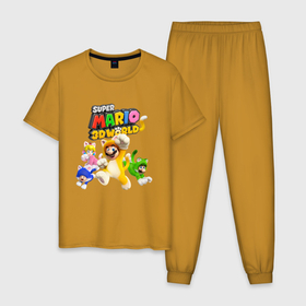 Мужская пижама хлопок с принтом Super Mario 3D World   Nintendo   Team of heroes в Екатеринбурге, 100% хлопок | брюки и футболка прямого кроя, без карманов, на брюках мягкая резинка на поясе и по низу штанин
 | cat | ears | luigi | nintendo | paws | princess peach | super mario | tail | team | video game | видеоигра | кот | котёнок | кошка | лапы | луиджи | нинтендо | супер марио | уши | хвост