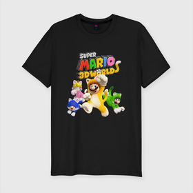 Мужская футболка хлопок Slim с принтом Super Mario 3D World   Nintendo   Team of heroes в Курске, 92% хлопок, 8% лайкра | приталенный силуэт, круглый вырез ворота, длина до линии бедра, короткий рукав | cat | ears | luigi | nintendo | paws | princess peach | super mario | tail | team | video game | видеоигра | кот | котёнок | кошка | лапы | луиджи | нинтендо | супер марио | уши | хвост