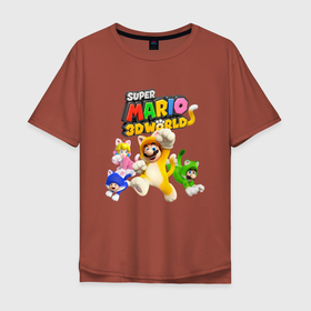 Мужская футболка хлопок Oversize с принтом Super Mario 3D World   Nintendo   Team of heroes , 100% хлопок | свободный крой, круглый ворот, “спинка” длиннее передней части | Тематика изображения на принте: cat | ears | luigi | nintendo | paws | princess peach | super mario | tail | team | video game | видеоигра | кот | котёнок | кошка | лапы | луиджи | нинтендо | супер марио | уши | хвост