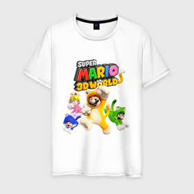 Мужская футболка хлопок с принтом Super Mario 3D World   Nintendo   Team of heroes в Тюмени, 100% хлопок | прямой крой, круглый вырез горловины, длина до линии бедер, слегка спущенное плечо. | cat | ears | luigi | nintendo | paws | princess peach | super mario | tail | team | video game | видеоигра | кот | котёнок | кошка | лапы | луиджи | нинтендо | супер марио | уши | хвост
