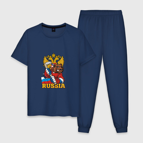 Мужская пижама хлопок с принтом Хоккей   Russia , 100% хлопок | брюки и футболка прямого кроя, без карманов, на брюках мягкая резинка на поясе и по низу штанин
 | bear | hockey | russia | герб | животные | медведь | мишка | патриот | россия | россиянин | русская | русский | спорт | страна | триколор | флаг | хоккеист | хоккей