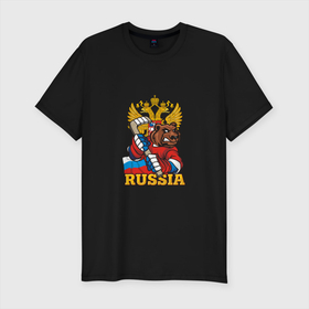 Мужская футболка хлопок Slim с принтом Хоккей   Russia в Екатеринбурге, 92% хлопок, 8% лайкра | приталенный силуэт, круглый вырез ворота, длина до линии бедра, короткий рукав | bear | hockey | russia | герб | животные | медведь | мишка | патриот | россия | россиянин | русская | русский | спорт | страна | триколор | флаг | хоккеист | хоккей