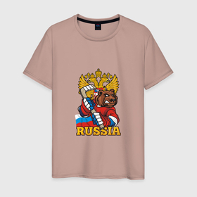 Мужская футболка хлопок с принтом Хоккей   Russia в Курске, 100% хлопок | прямой крой, круглый вырез горловины, длина до линии бедер, слегка спущенное плечо. | bear | hockey | russia | герб | животные | медведь | мишка | патриот | россия | россиянин | русская | русский | спорт | страна | триколор | флаг | хоккеист | хоккей