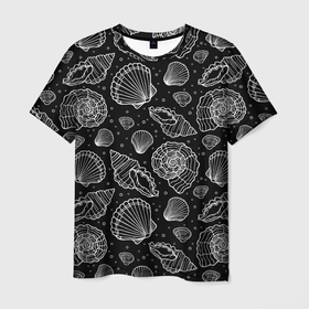 Мужская футболка 3D с принтом Ракушки, паттерн в Кировске, 100% полиэфир | прямой крой, круглый вырез горловины, длина до линии бедер | дудл | море | морские | паттерн | раковины | ракушки | скетч | узор | черно белый