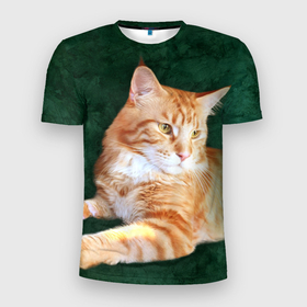 Мужская футболка 3D Slim с принтом Мейн кун рыжий кот в Санкт-Петербурге, 100% полиэстер с улучшенными характеристиками | приталенный силуэт, круглая горловина, широкие плечи, сужается к линии бедра | cat | зеленая | зеленый | кот | котенок | котик | красивый | кун | мейн | порода | рыжий | фотография
