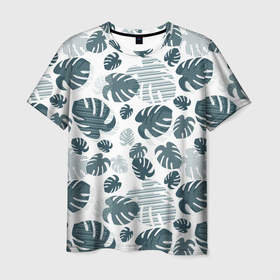Мужская футболка 3D с принтом Листья монстеры, паттерн в Екатеринбурге, 100% полиэфир | прямой крой, круглый вырез горловины, длина до линии бедер | горошек | листья | монстера | монстеры | паттерн | полоски | природа | растения | узор