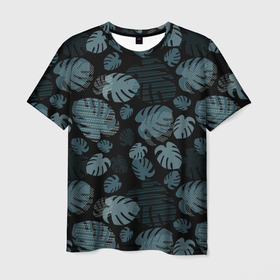 Мужская футболка 3D с принтом Листья монстеры, паттерн на черном фоне в Курске, 100% полиэфир | прямой крой, круглый вырез горловины, длина до линии бедер | горошек | листья | монстера | монстеры | паттерн | полоски | природа | растения | узор