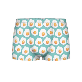 Мужские трусы 3D с принтом Яичница, паттерн на голубом фоне в Санкт-Петербурге, 50% хлопок, 50% полиэстер | классическая посадка, на поясе мягкая тканевая резинка | Тематика изображения на принте: белок | глазунья | еда | жареные | желток | забавный | паттерн | узор | яичница | яйца