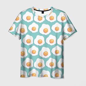 Мужская футболка 3D с принтом Яичница, паттерн на голубом фоне в Санкт-Петербурге, 100% полиэфир | прямой крой, круглый вырез горловины, длина до линии бедер | Тематика изображения на принте: белок | глазунья | еда | жареные | желток | забавный | паттерн | узор | яичница | яйца