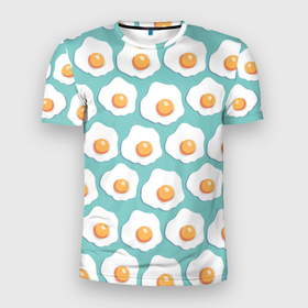 Мужская футболка 3D Slim с принтом Яичница, паттерн на голубом фоне , 100% полиэстер с улучшенными характеристиками | приталенный силуэт, круглая горловина, широкие плечи, сужается к линии бедра | белок | глазунья | еда | жареные | желток | забавный | паттерн | узор | яичница | яйца