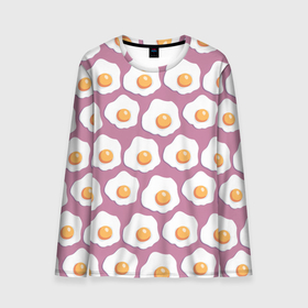 Мужской лонгслив 3D с принтом Яичница, паттерн на розовом фоне в Санкт-Петербурге, 100% полиэстер | длинные рукава, круглый вырез горловины, полуприлегающий силуэт | белок | глазунья | еда | жареные | желток | забавный | паттерн | узор | яичница | яйца