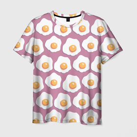 Мужская футболка 3D с принтом Яичница, паттерн на розовом фоне в Петрозаводске, 100% полиэфир | прямой крой, круглый вырез горловины, длина до линии бедер | белок | глазунья | еда | жареные | желток | забавный | паттерн | узор | яичница | яйца