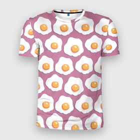 Мужская футболка 3D Slim с принтом Яичница, паттерн на розовом фоне в Кировске, 100% полиэстер с улучшенными характеристиками | приталенный силуэт, круглая горловина, широкие плечи, сужается к линии бедра | белок | глазунья | еда | жареные | желток | забавный | паттерн | узор | яичница | яйца